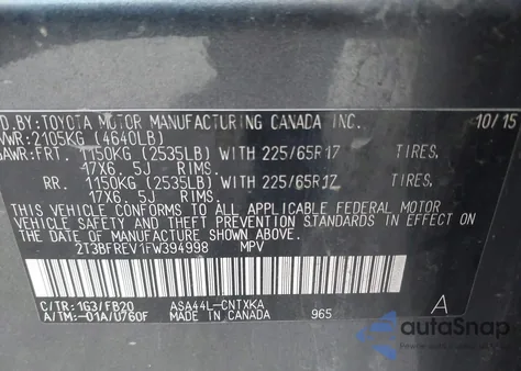 2015 Toyota Rav4 Le из США, поврежденный, VIN 2T3BFREV1FW394998